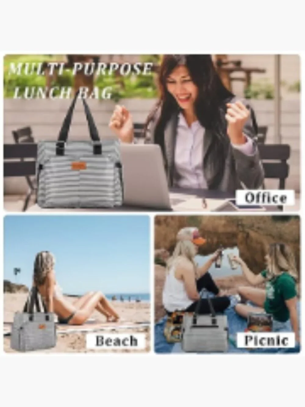 Insulated Lunch Bag Large Tote with Waterproof Liner & Adjustable Strap